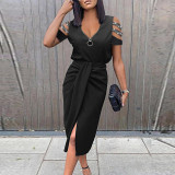 Solid Color Zipper Hollow Out Short Sleeve Midi Dress GYOU-CX211209