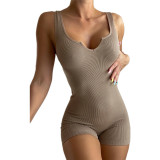 Solid Color Casual Ribbed Slim Rompers GYOU-CX20408