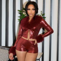 Fur Patchwork Long Sleeve Skinny Two Piece Shorts Set GSZM-D25ST506