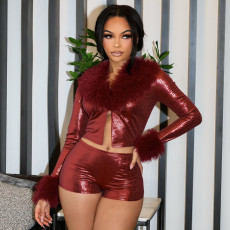 Fur Patchwork Long Sleeve Skinny Two Piece Shorts Set GSZM-D25ST506