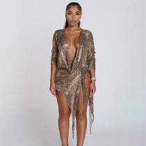 Snake Print Sequin V Neck Mini Dress GSZM-J25DS418
