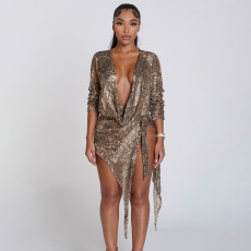 Snake Print Sequin V Neck Mini Dress GSZM-J25DS418