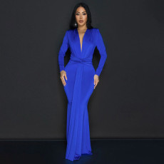 Solid Color Long Sleeve Pleated Maxi Dress YF-20061