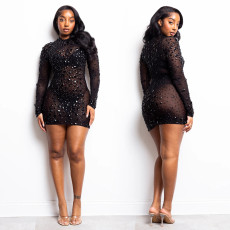 See Through Hot Drill Mini Dress BY-7581