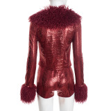 Fur Patchwork Long Sleeve Skinny Two Piece Shorts Set GSZM-D25ST506