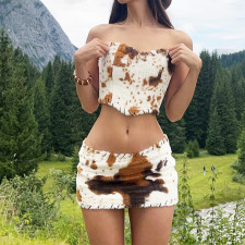 Plush Print Wrap Chest Tops Two Piece Skirt Set GFRT-32712SBY