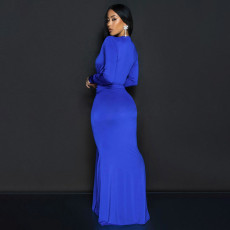 Solid Color Long Sleeve Pleated Maxi Dress YF-20061