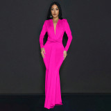 Solid Color Long Sleeve Pleated Maxi Dress YF-20061