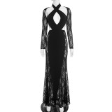 Solid Color Hollow Out Lace Maxi Dress GSZM-J25DS412