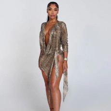 Snake Print Sequin V Neck Mini Dress GSZM-J25DS418