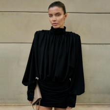 High Collar Ruched Long Sleeve Mini Dress XEF-K25D84820