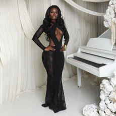 Solid Color Hollow Out Lace Maxi Dress GSZM-J25DS412