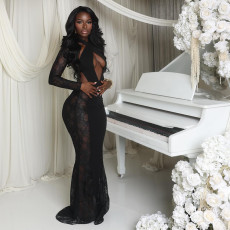 Solid Color Hollow Out Lace Maxi Dress GSZM-J25DS412