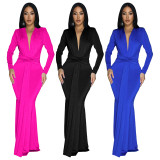 Solid Color Long Sleeve Pleated Maxi Dress YF-20061