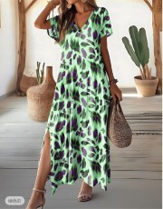 Plus Size Printed Split V-Neck Short Sleeve Maxi Dress GYOU-CX24216