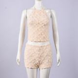 Sexy Halterneck Backless Top Two Piece Shorts Set GFRT-42319SBC