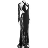 Solid Color Hollow Out Lace Maxi Dress GSZM-J25DS412