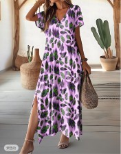Plus Size Printed Split V-Neck Short Sleeve Maxi Dress GYOU-CX24216