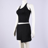 Contrast Color Halterneck Tie Up Two Piece Skirt Set GFRT-51958SBF