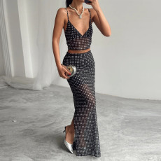 Mesh Polka Dot Print Sling Two Piece Skirts Set GFRT-60223SBZ