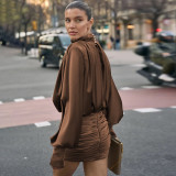 High Collar Ruched Long Sleeve Mini Dress XEF-K25D84820