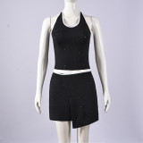 Contrast Color Halterneck Tie Up Two Piece Skirt Set GFRT-51958SBF