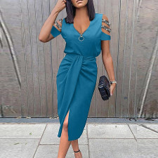 Solid Color Zipper Hollow Out Short Sleeve Midi Dress GYOU-CX211209