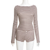 Stripe Print Long Sleeve Two Piece Shorts Set GSZM-C25ST350