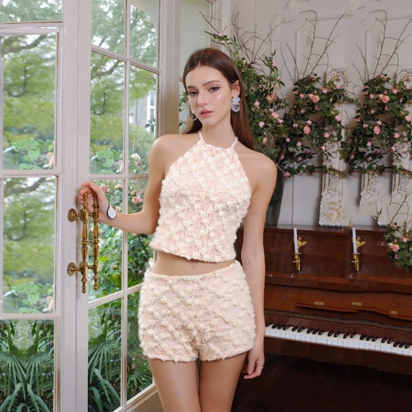Sexy Halterneck Backless Top Two Piece Shorts Set GFRT-42319SBC