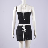 Contrast Color Halterneck Tie Up Two Piece Skirt Set GFRT-51958SBF