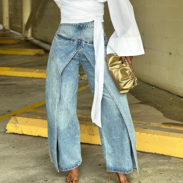 Straight Loose Patchwork Faux two-piece Jeans GXHF-M81021