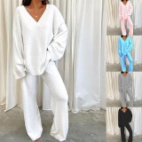 Plus Size Casual Solid Color V-Neck Long Sleeve Pants Two Piece Set GYOU-LF9090