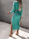 Sexy Solid Color Ribbed Long Sleeve Split Skirt Two Piece Set GYOU-CX2828