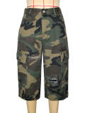 Camouflage Print Holes Wide Leg Fifth Pants SH-391450