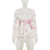 V Neck Print Bow Tie T-shirt GWEN-JWKT46085