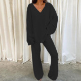 Plus Size Casual Solid Color V-Neck Long Sleeve Pants Two Piece Set GYOU-LF9090