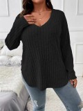 Plus Size Solid Color V-Neck Long Sleeve Tops GYOU-CX23072901