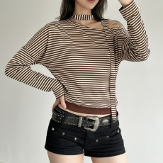 Stripe Slash Shoulder Long-Sleeve Top GWEN-JWIT43679