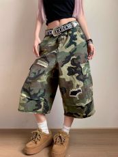 Camouflage Print Holes Wide Leg Fifth Pants SH-391450