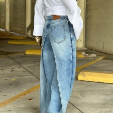 Straight Loose Patchwork Faux two-piece Jeans GXHF-M81021