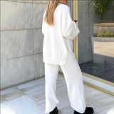 Plus Size Casual Solid Color V-Neck Long Sleeve Pants Two Piece Set GYOU-LF9090
