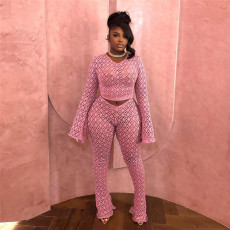 Lace Holes Long Sleeve Two Piece Pants Set GXHF-X80241