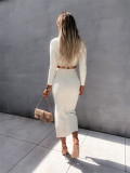 Sexy Solid Color Ribbed Long Sleeve Split Skirt Two Piece Set GYOU-CX2828