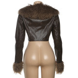 Fur Patchwork Leather V Neck Coat DLSF-K25L85062