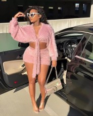 Long Sleeve Tie Up Plush Two Piece Pants Set GXHF-M81015