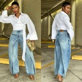 Straight Loose Patchwork Faux two-piece Jeans GXHF-M81021