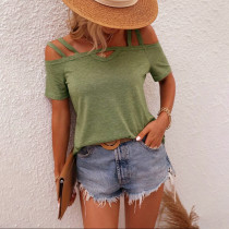 Plus Size Solid Color Short Sleeve Off-Shoulder T-Shirt GYOU-CX3512