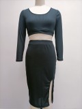 Sexy Solid Color Ribbed Long Sleeve Split Skirt Two Piece Set GYOU-CX2828