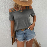 Plus Size Solid Color Short Sleeve Off-Shoulder T-Shirt GYOU-CX3512