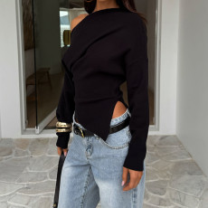 Solid Color Long Sleeve Irregular Pleated T Shirts GWEN-JWFT39616